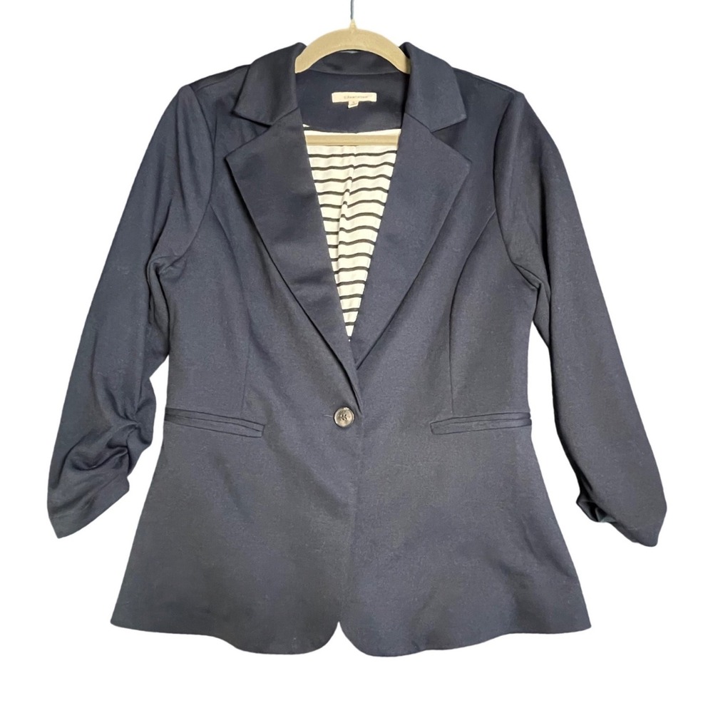 41 Hawthorn Navy Blue Ruched 3/4 Sleeve Knit Blazer‎ Striped Lining SF7008NSL M
